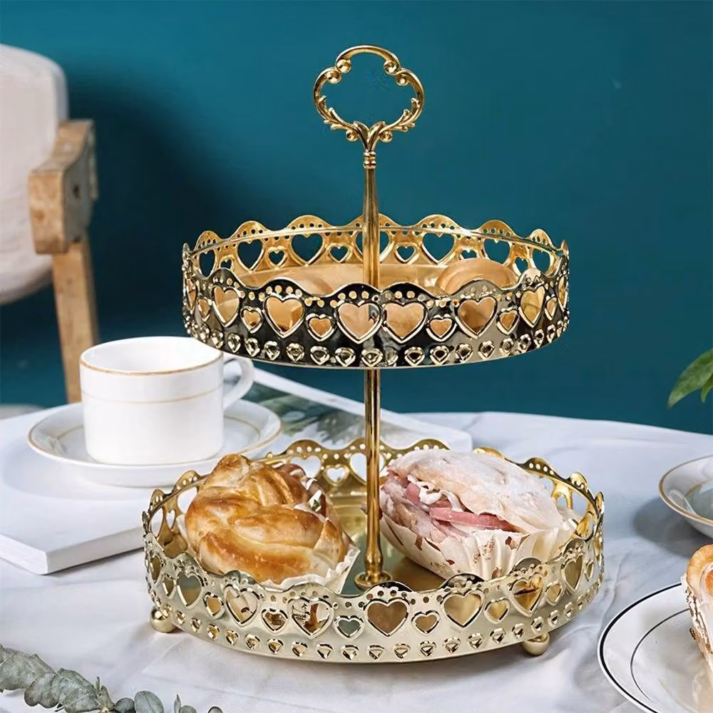 NESTLUNE Double Layer Heart Creative 2 Tier Cake Stand and Dessert Tray in Gold – 2