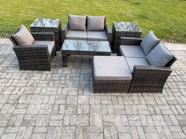 Fimous 7-Piece Rattan Garden Furniture Set in Dark Grey with L-Shape Sofa, Coffee Table, Side Tables and Ottoman