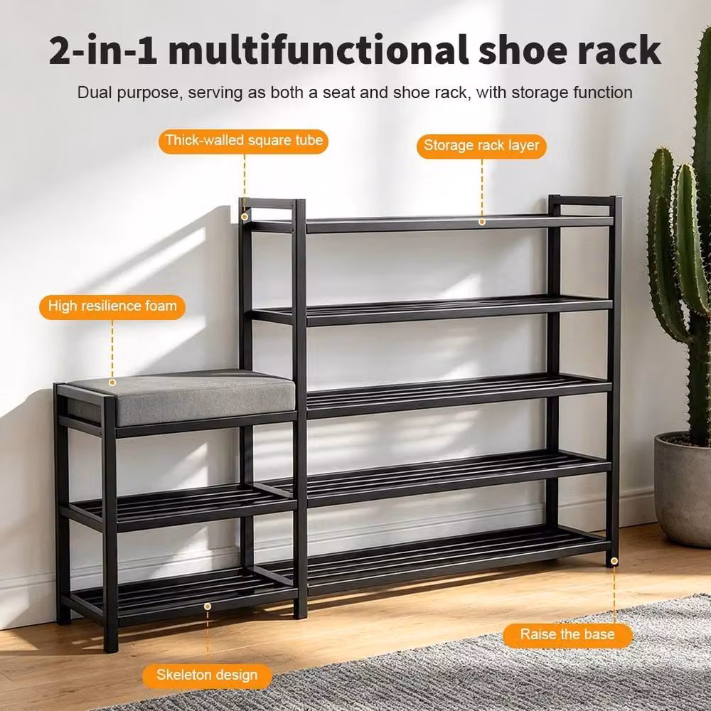 VOGREX UK Modern Black Metal Shoe Rack Organiser for Hallways, W/D/H: 120 x 73 x 8 cm – 3