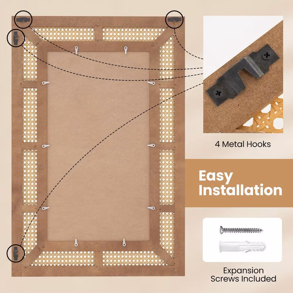 Gymax Bohemian Rectangular Rattan Wall Mirror in Brown, W: 90 cm, H: 60 cm – 3