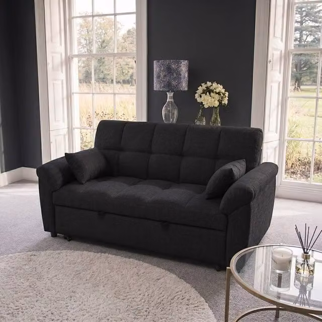 Sofaya Arlo Black Fabric 2 Seater L-Shape Sofa Bed with Pull Out Drawer and Left Facing Chaise – 1