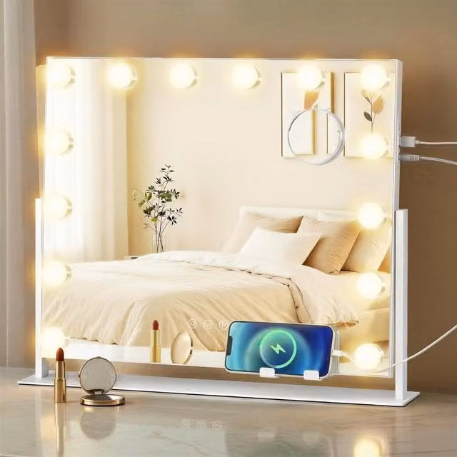 SONGMICS White Tabletop Vanity Makeup Mirror with 14 Dimmable LED Bulbs