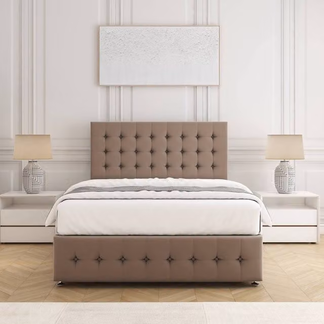 BSSPOKE Eva Double Divan Bed Set with 24 inch Plush Velvet Headboard and Mattress in Taupe, W/D/H: 140 x 200 cm