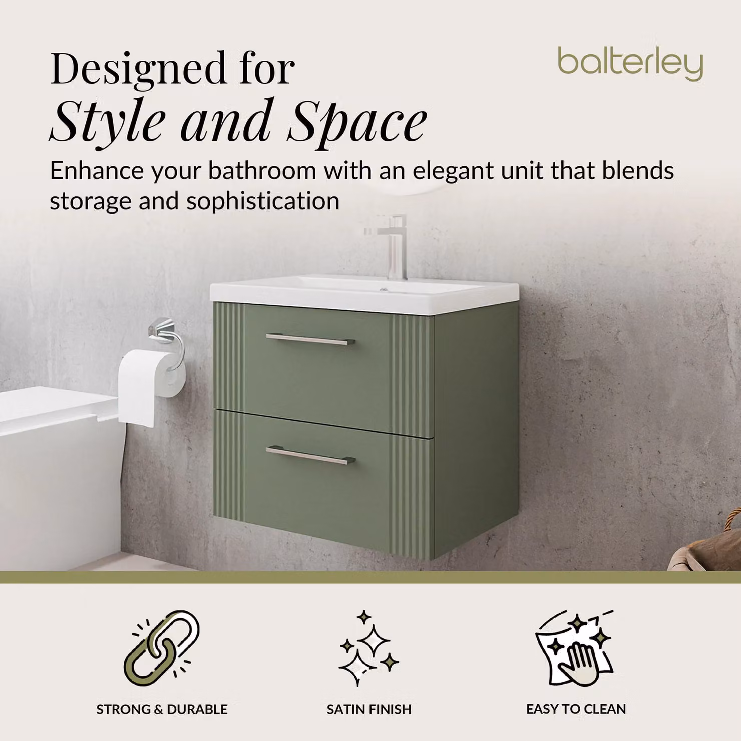 Balterley Wall Hung 2 Drawer Vanity Unit with Mid-Edge Basin, Satin Green, W: 60 cm, D: 54 cm, H: 60 cm – 2