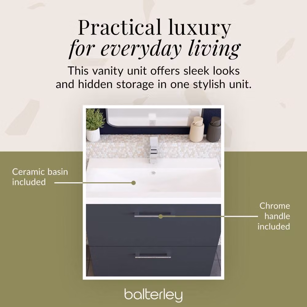 Balterley Modern 2 Drawer Floor Standing Bathroom Vanity Unit and Rectangular Mid-Edge Basin, Dark Grey, W: 80 cm, D: 39 cm, H: 85 cm – 3