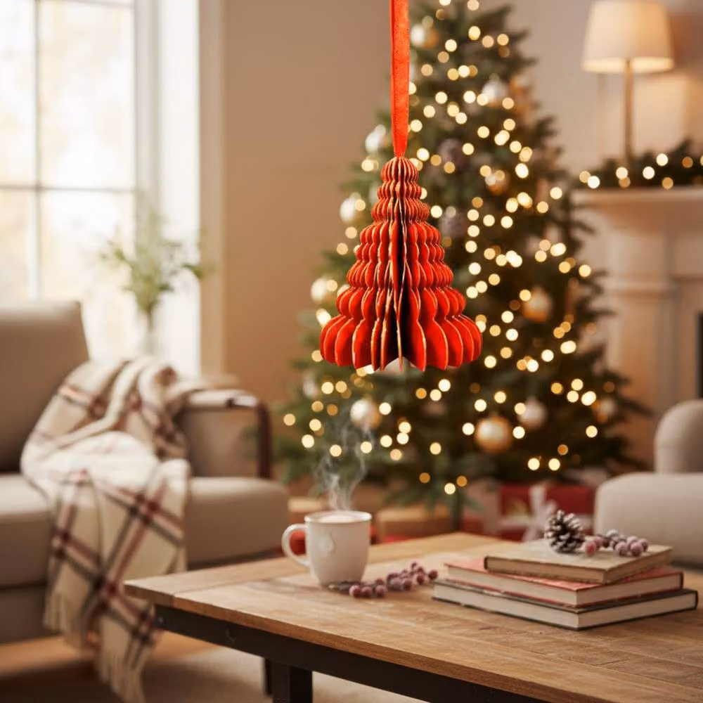 Four Candle Set of 6 Red Honeycomb Christmas Ornaments with Velvet Ribbon – 2