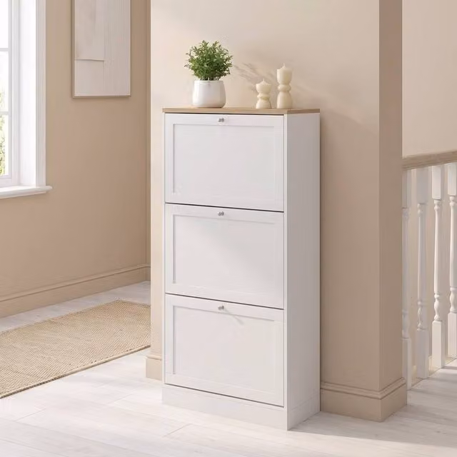 STILVORA Modern White Matt Shoe Cabinet with 3 Tilting Compartments and Internal Shelves, W/D/H: 115 x 60 x 18 cm – 1