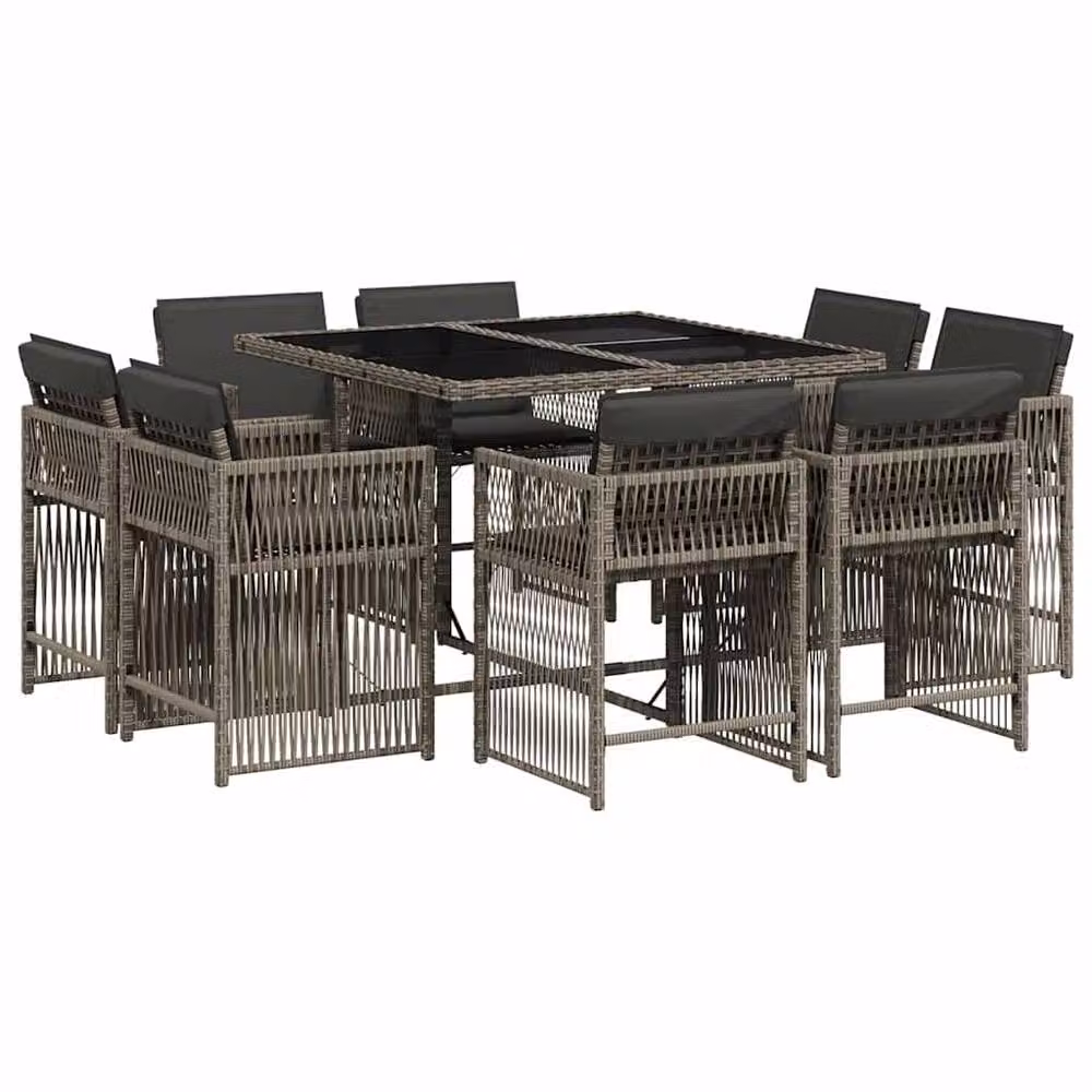 Berkfield Home 9 Piece Grey Poly Rattan Garden Dining Set with Cushions and Glass Tabletop – 2