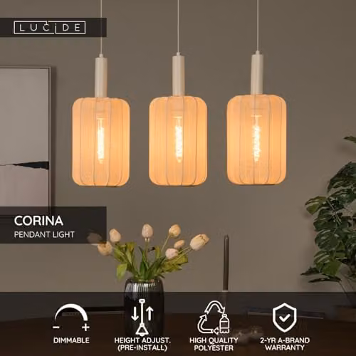 Lucide Corina Suspended Pendant Light in Beige with 3 x E27 LED Bulbs, Height Adjustable – 2