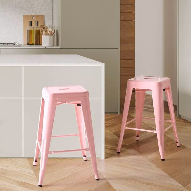 Wyld and Coco Pink Stackable Metal Counter Height Bar Stools, Set of 2, Height: 60 cm