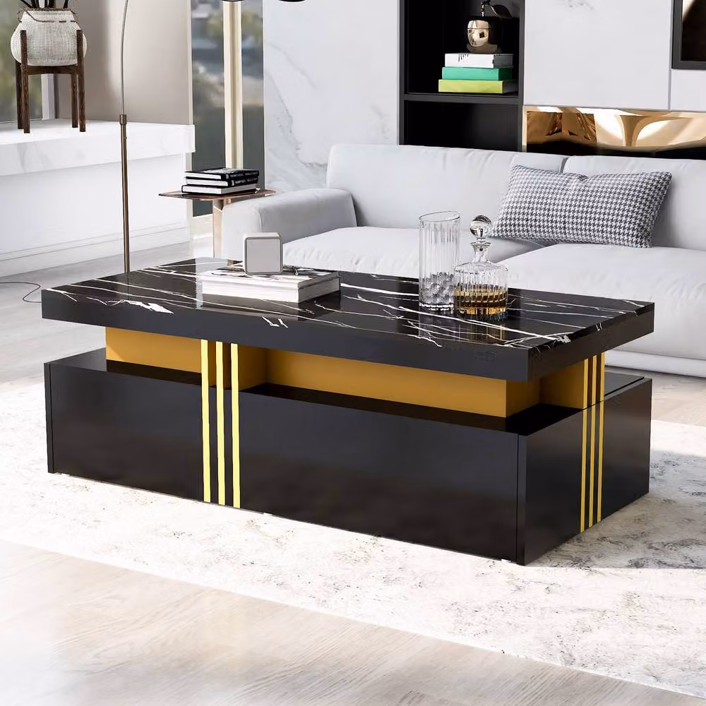 Merax Black Rectangular Sofa Centre Table with Marble-Effect Top and 2 Drawers, W: 100 cm, D: 50 cm, H: 40 cm – 10