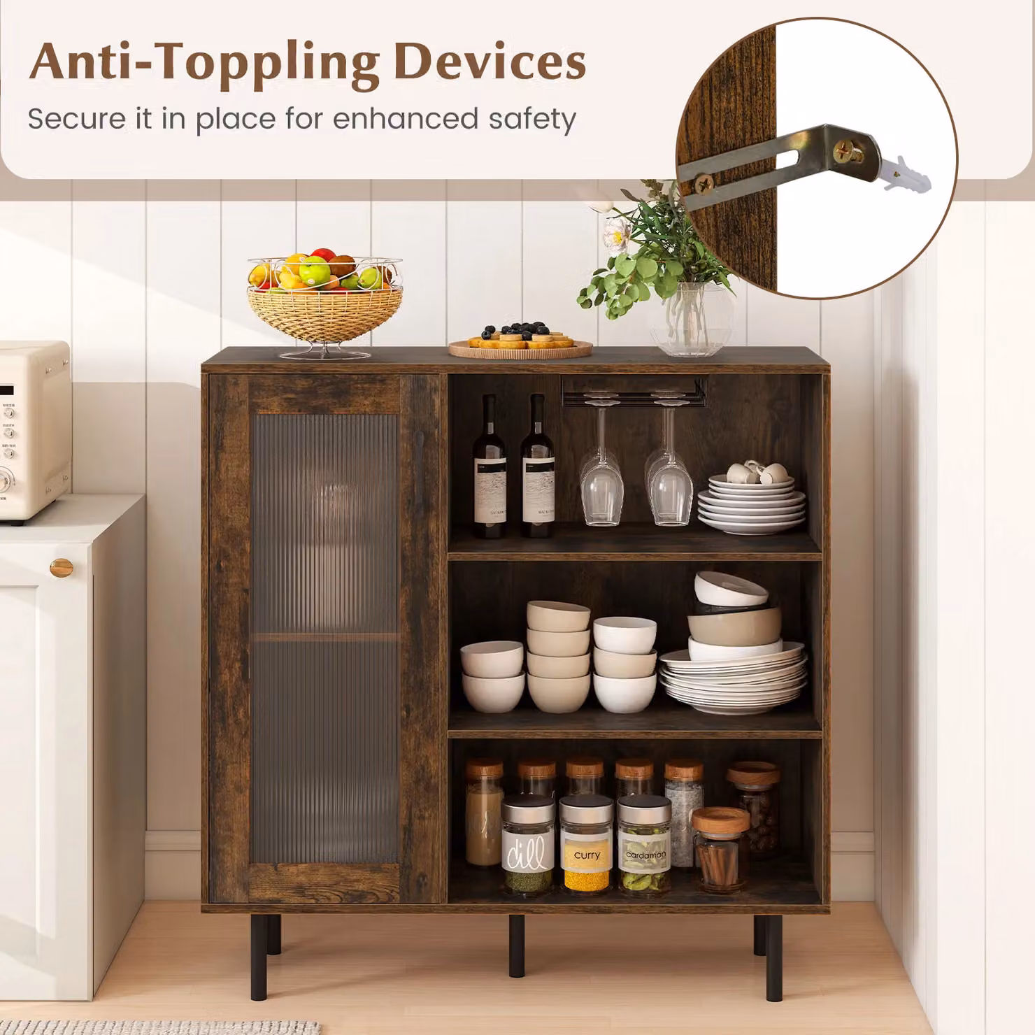 Costway Coffee Bar Cabinet Sideboard with Door and Adjustable Shelf in Brown – 4