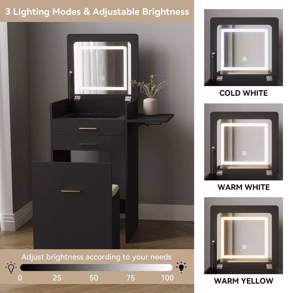 FORGEVIO Black Modern Dressing Vanity Table Set with Hollywood LED Mirror and Folding Glass Top – 3