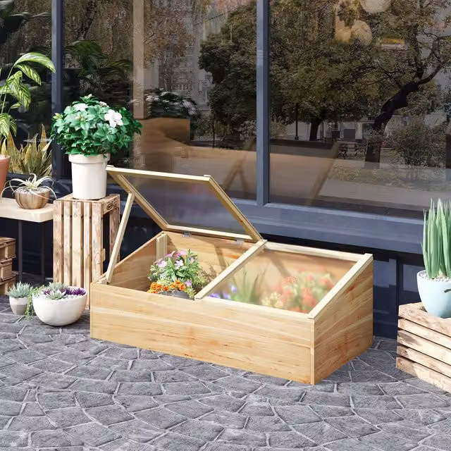 OUTSUNNY Wood Cold Frame Greenhouse Garden Grow House with Polycarbonate in Natural Brown, W/D/H: 50 x 36 x 50 cm