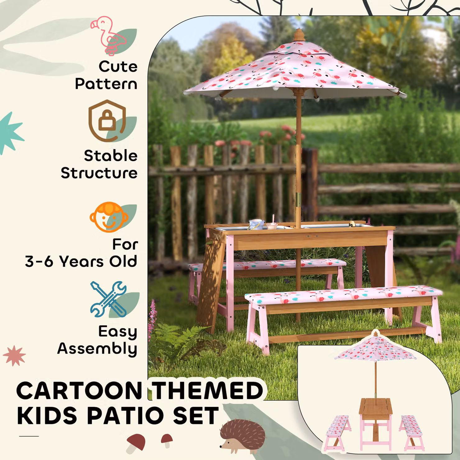 AIYAPLAY Kids Picnic Table and Benches Set with Flamingo Theme, Pink Treated Hardwood – 4
