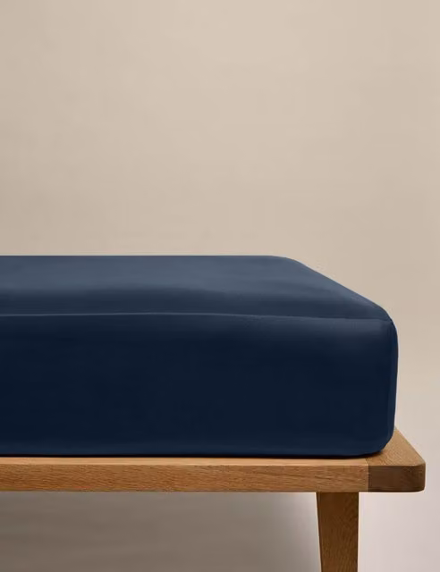 M&S Egyptian Cotton 400 Thread Count Mako Satin Deep Fitted Sheet, Blue, W/D/H: 200 x 200 x 30 cm