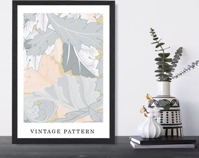 ARTZE William Morris Wreath Floral Art Print in Green and Peach with Black Frame