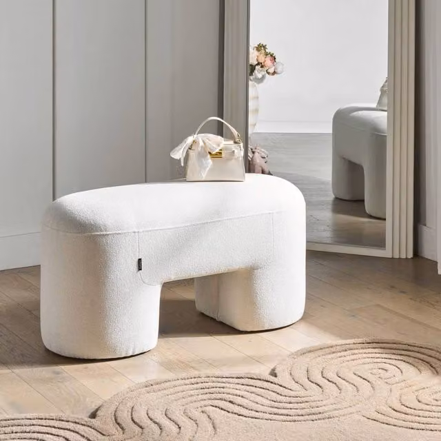 Wyld and Coco White Boucle Oval Bench Pouffe W: 88 cm, D: 39 cm, H: 46 cm