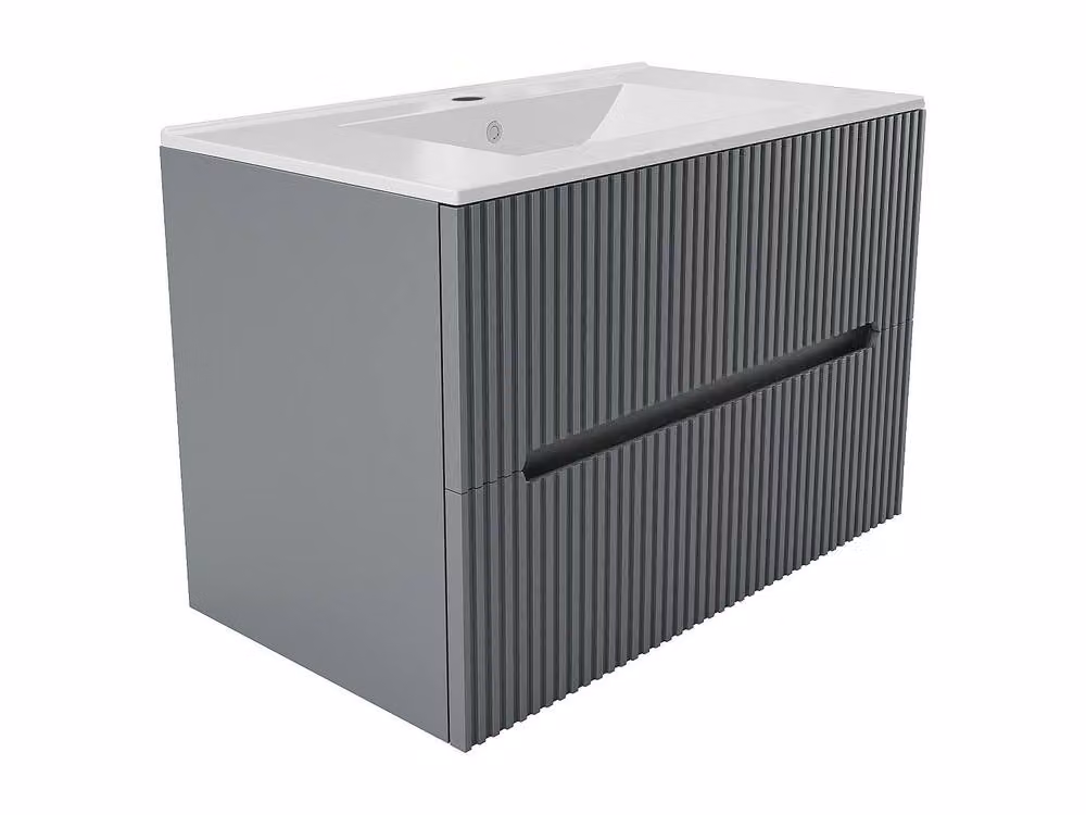 Vente-unique Wall-Mounted Bathroom Unit with Inset Ceramic Basin in Ribbed Grey, W: 80 cm, D: 45.5 cm, H: 55 cm – 2
