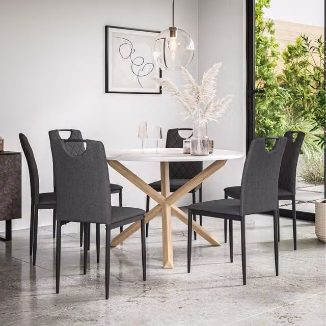 More4Homes Malvern Round Marble Effect Dining Table Set with Oak Legs, Grey and White, 6 Seater, W/D/H: 120 x 120 x 75 cm