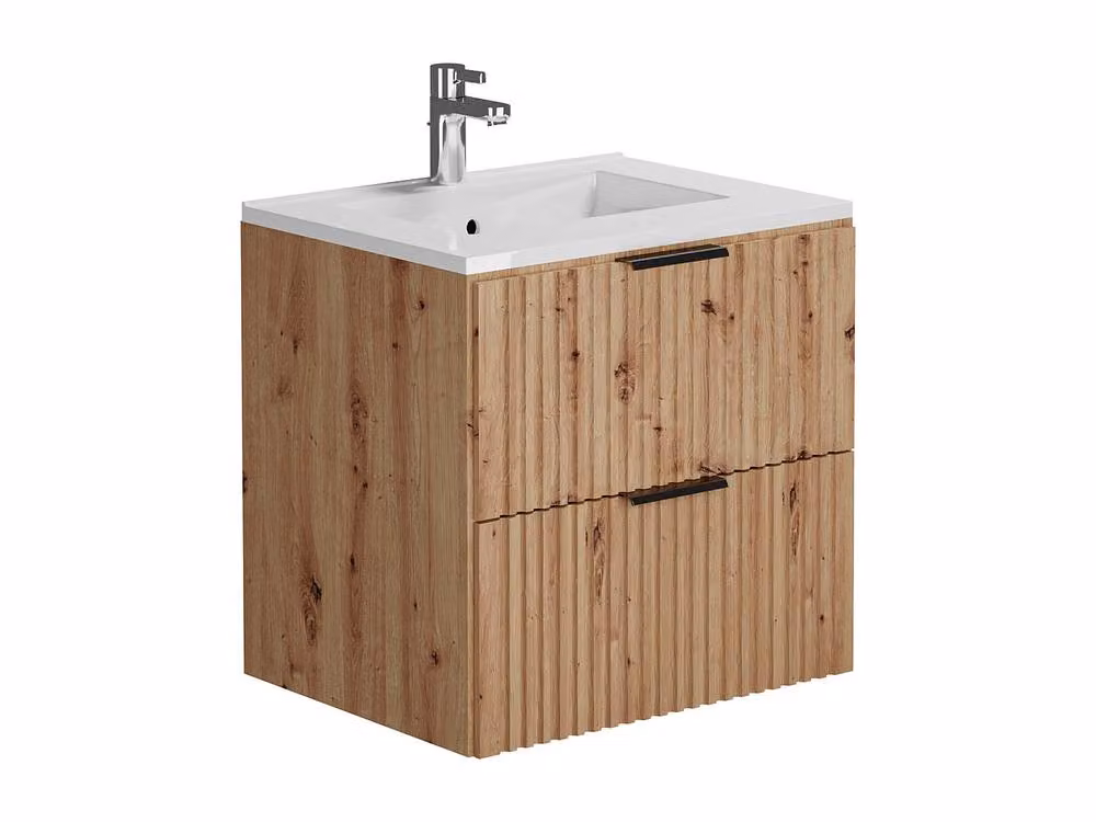 Vente-unique Wall-Mounted Ribbed Bathroom Unit with Inset Basin in Light Oak – 2