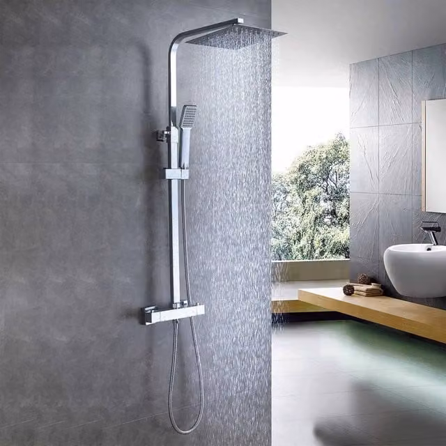 NESTLUNE S-09A Thermostatic Twin Head Bathroom Shower Mixer Set in Silver and Chrome