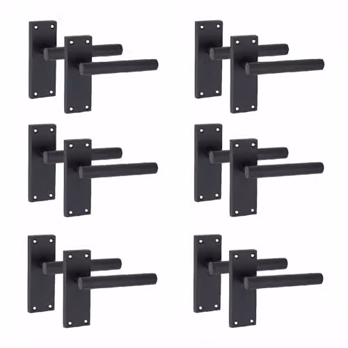 Golden Grace Victorian Straight Door Handles with Latch, 6 Pair, Matt Black Zinc