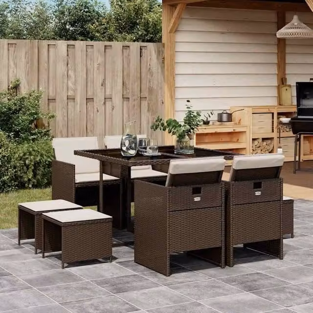 Berkfield Home 9 Piece Brown Poly Rattan Garden Dining Set with Cushions – 1