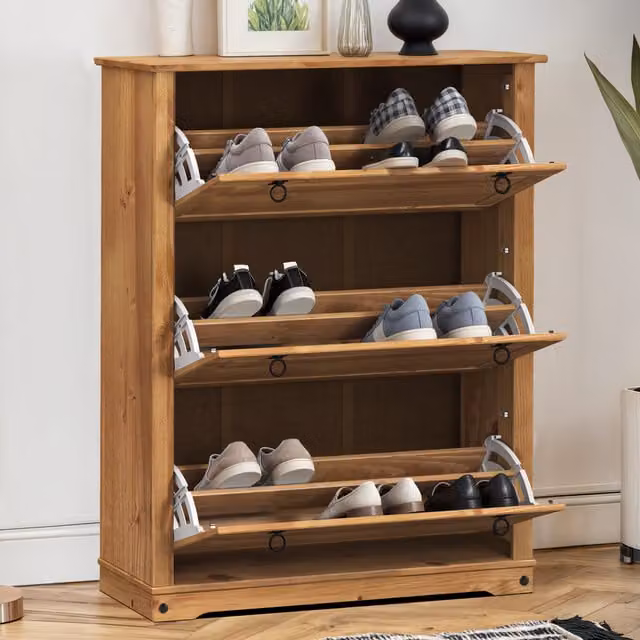 Mercers Furniture Corona 3-Shelf Wooden Shoe Rack Chest in Antique Wax Brown and Grey