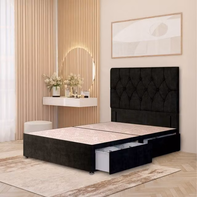 Somnior Beds Ltd Chesterfield Velvet Divan Bed Base with Drawers and Floor Standing Headboard, Black, W/D: 90 x 190 cm