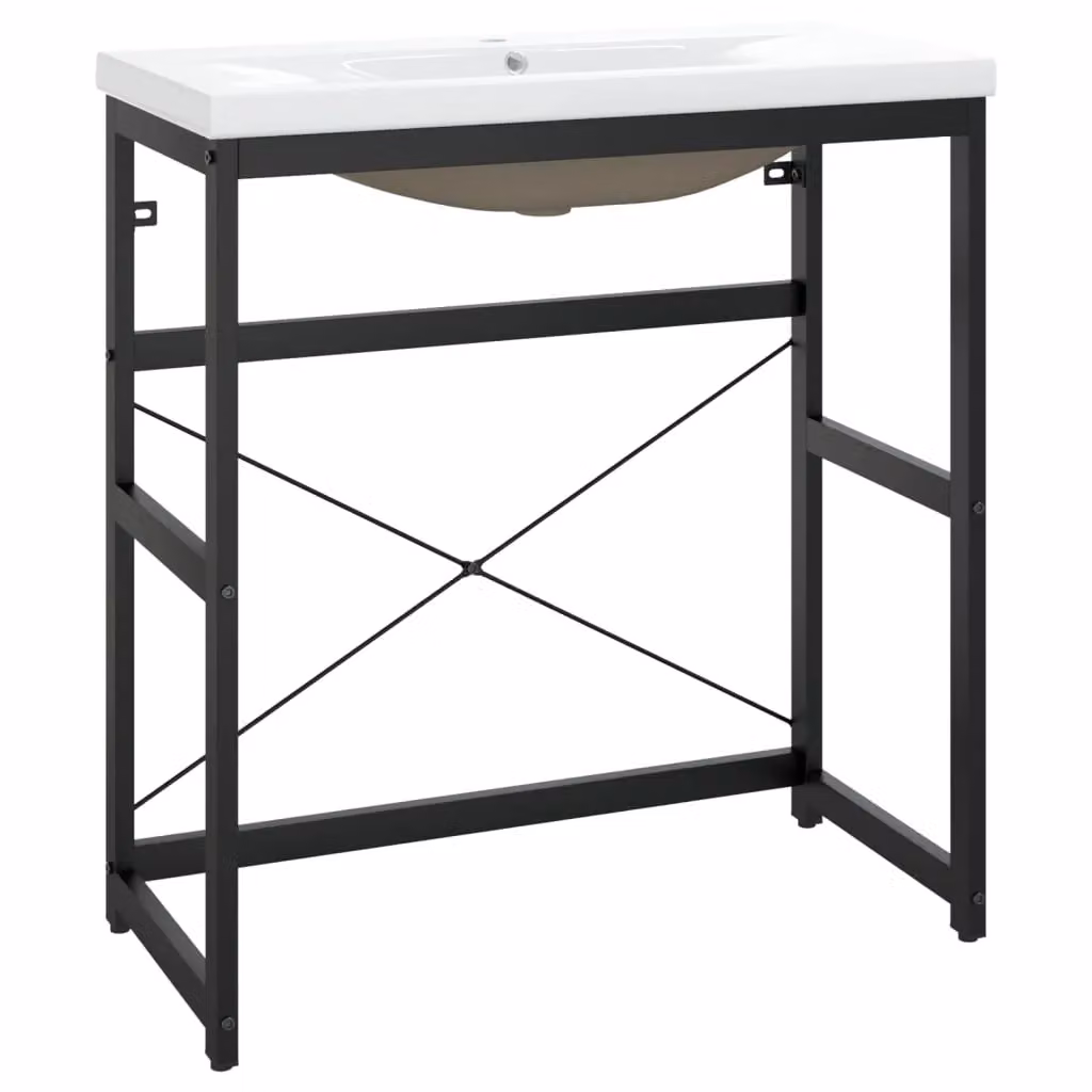 Berkfield Home Modern Bathroom Washbasin Frame with Built-in Ceramic Basin in Matt Black Metal – 2