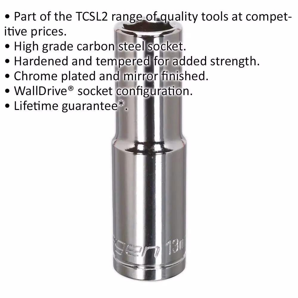 Loops 13mm Chrome Plated Deep Drive Socket 1/2 inch Square Drive High Grade Carbon Steel in Silver – 2