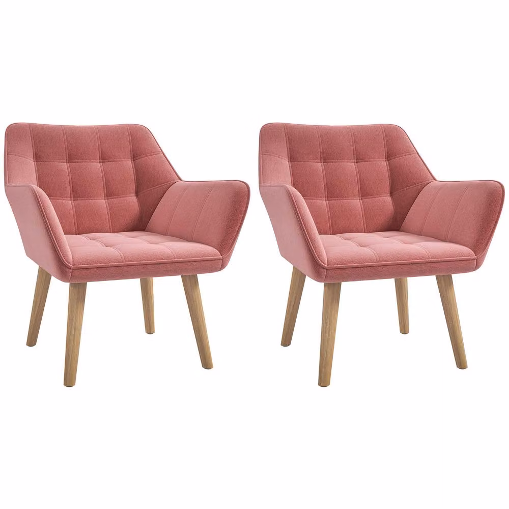 HOMCOM Set of 2 Pink Velvet Tub Accent Chairs with Metal Frame and Armrests – 2