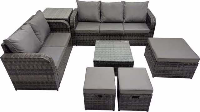Fimous 8-Seater PE Rattan Outdoor Sofa Set in Dark Grey Mixed with U-Shape Design, Coffee Table and Ottoman
