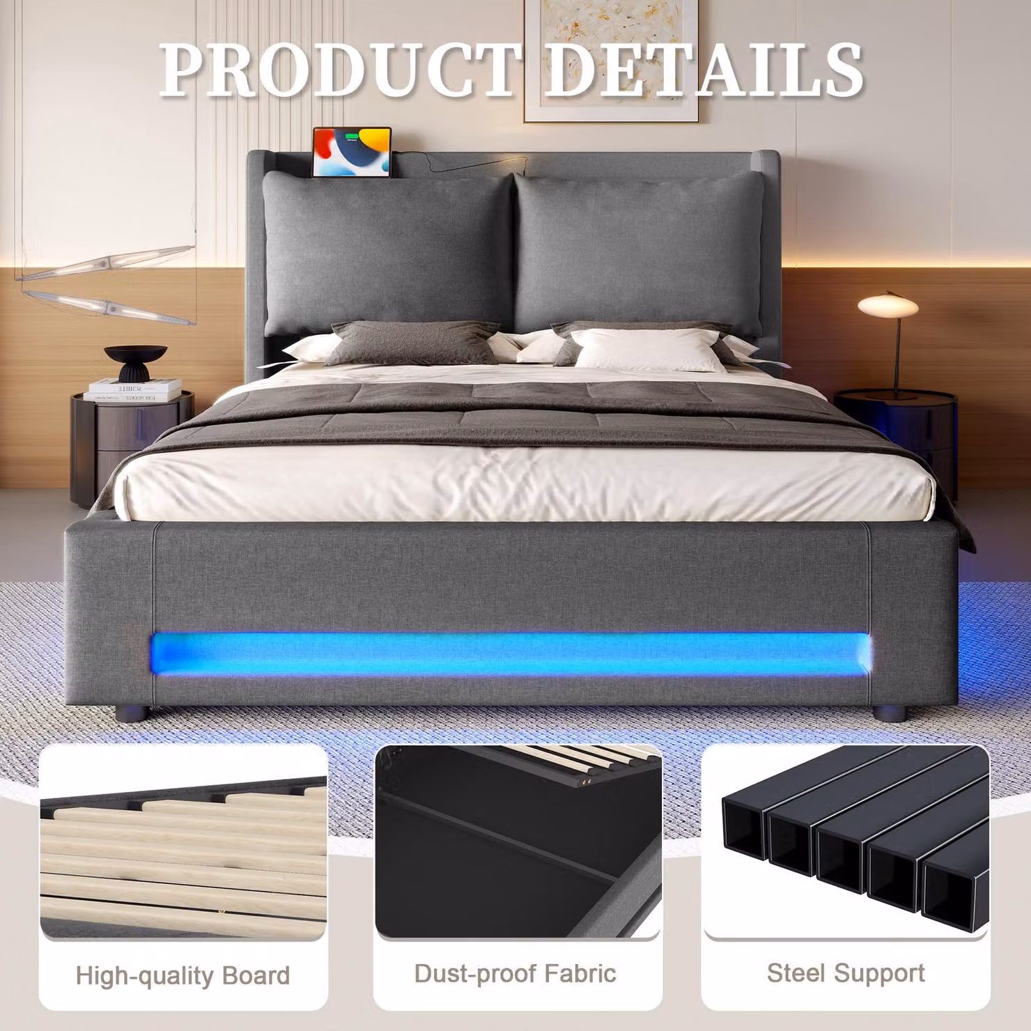 Aosom UK Modern Upholstered Bed Frame with Hydraulic Lift Storage, LED Lighting and Dual USB-C Ports, Dark Grey, W: 152.5 cm, D: 210 cm, H: 114 cm – 4