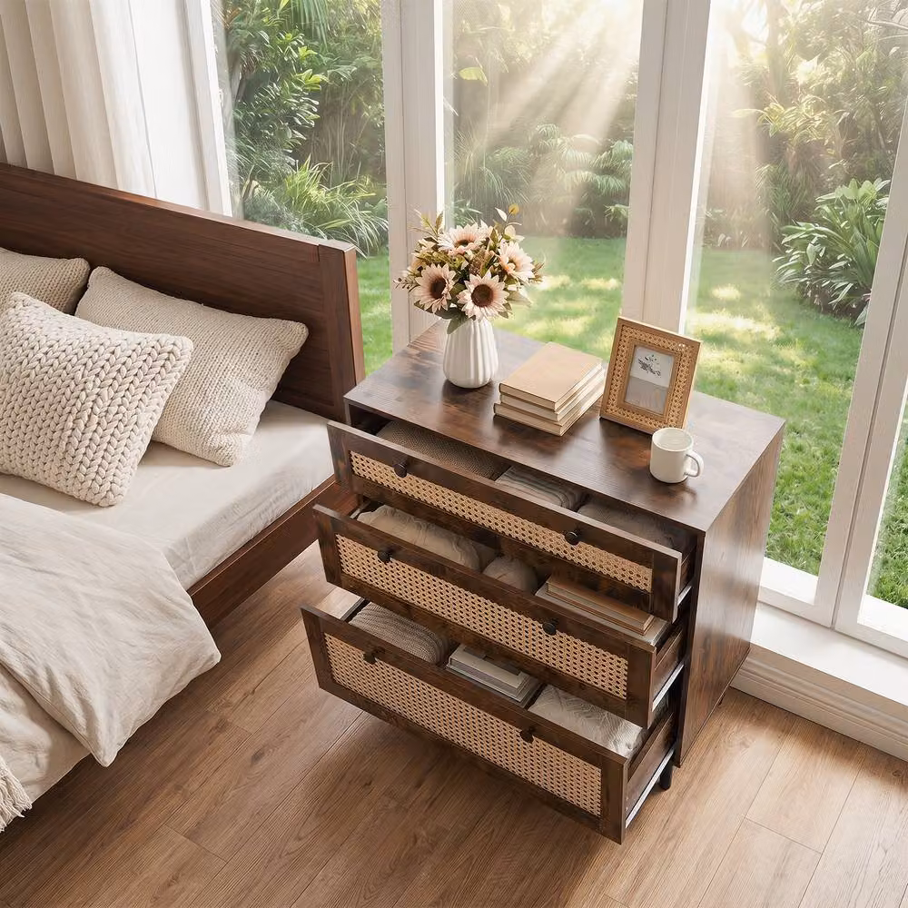Gymax Boho Rattan Modern Chest of Drawers with 5 Metal Legs, Brown – 6