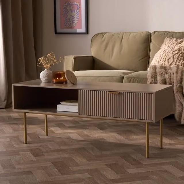 OHS Ribbed Coffee Table with Drawer and Shelf in Sand/Beige Engineered Wood – 1