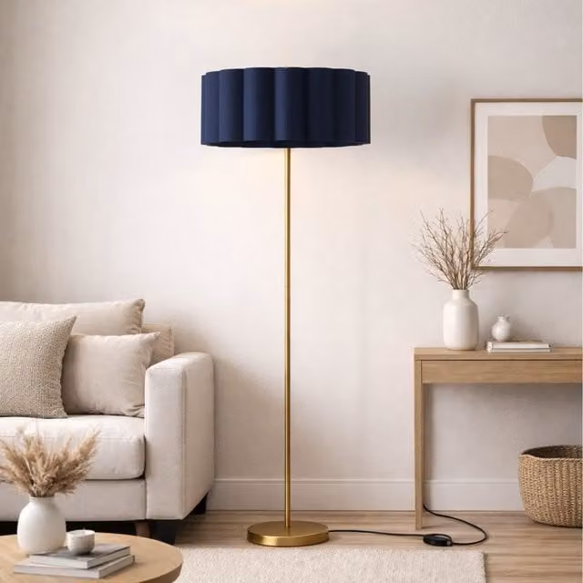CGC Lena Brushed Gold Straight Floor Lamp with Large Scalloped Navy Fabric Lampshade, Height: 163 cm, Shade Diameter: 48 cm