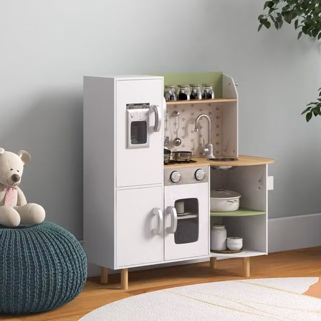 AIYAPLAY Toy Kitchen with Phone and Ice Maker for Ages 3 to 6 Years, White
