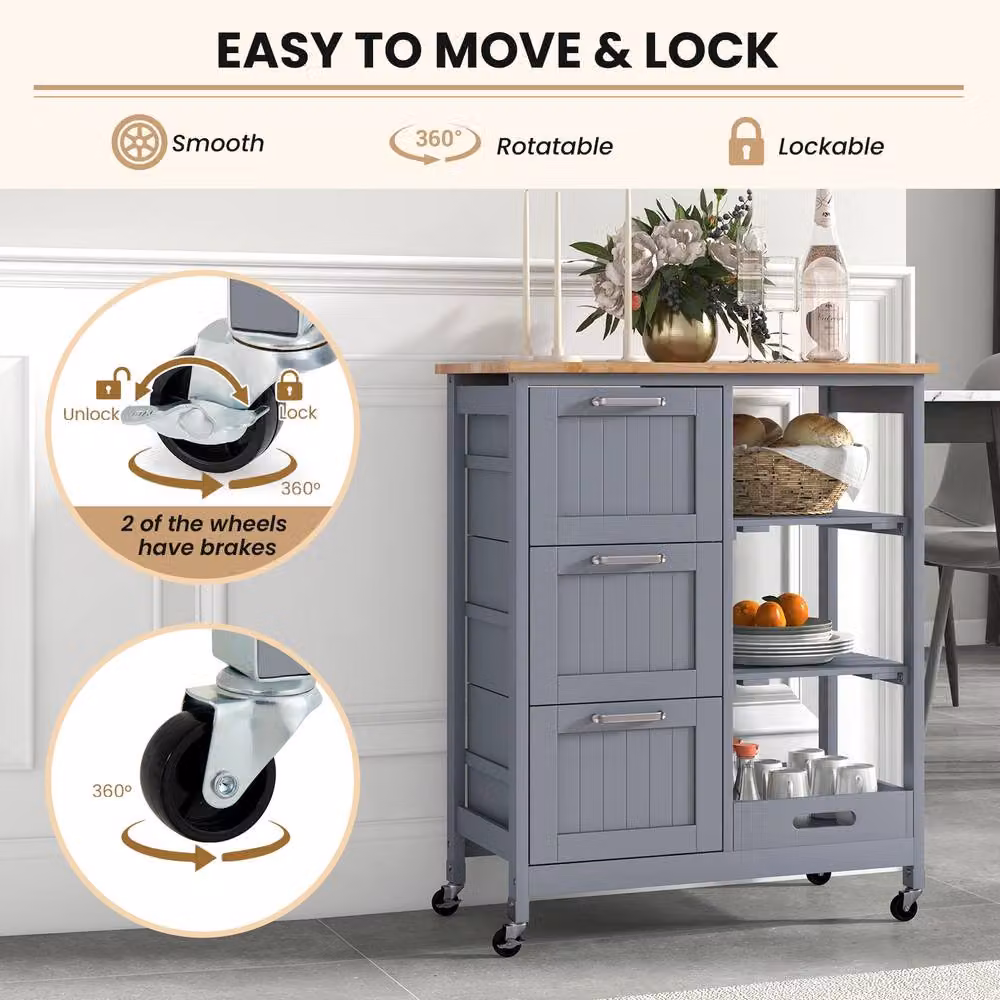 Gymax Grey 3-Drawer Kitchen Island Rolling Utility Cart with Lockable Wheels – 2