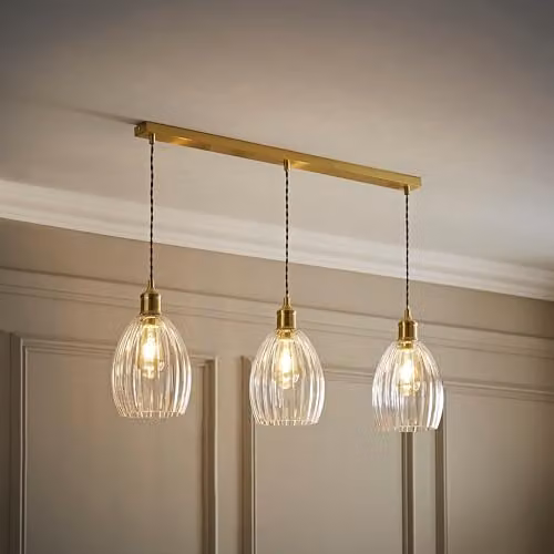 ValueLights Cheltenham 3 Drop Bar Ceiling Light in Brushed Gold with Transparent Ribbed Glass Shades – 2