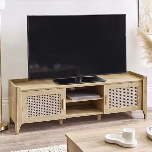 Julian Bowen Sydney Boho Oak and Rattan Effect 2 Door TV Cabinet in Brown, W/D/H: 147.5 x 41.0 x 48.0 cm