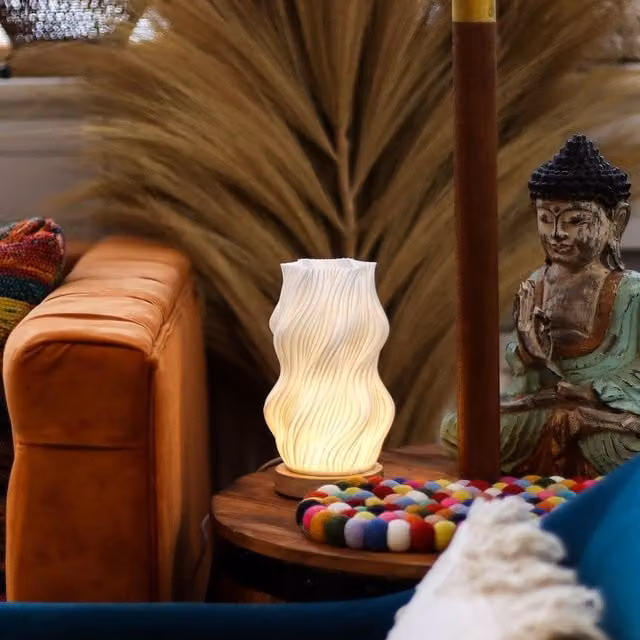KDMK Star Twisted New Wave Tabletop Lamp with USB Charging, 3 Brightness Settings and White Wooden Base