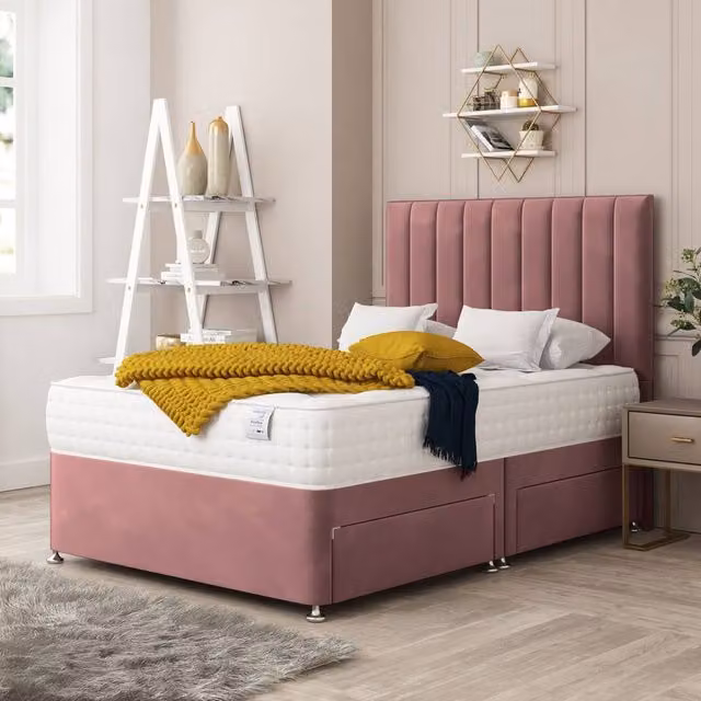 Bed Choices Alaska Single Upholstered Velvet Divan Bed with 2 Drawers and 26 inch Headboard in Pink, W/D/H: 90 x 200 cm