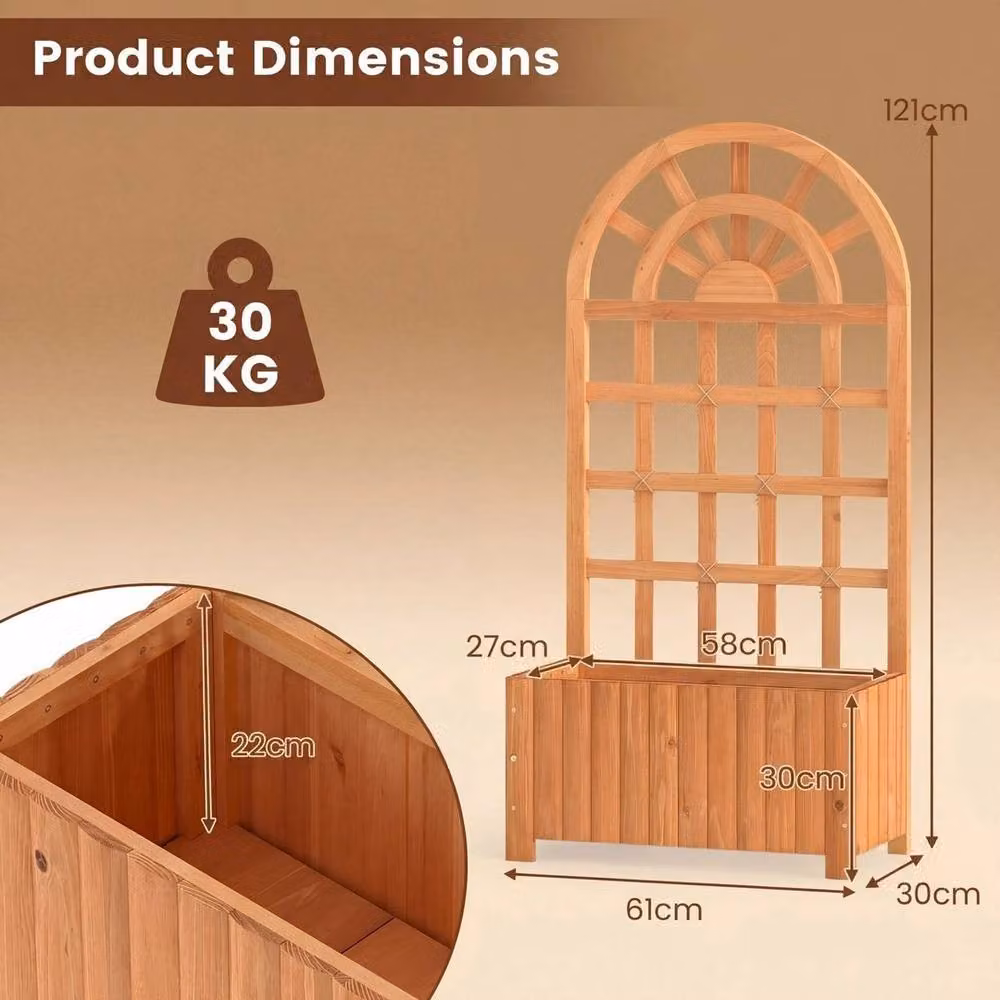 Kelvenix Wooden Raised Garden Bed with Trellis in Brown, W/D/H: 121 x 61 x 30 cm – 2