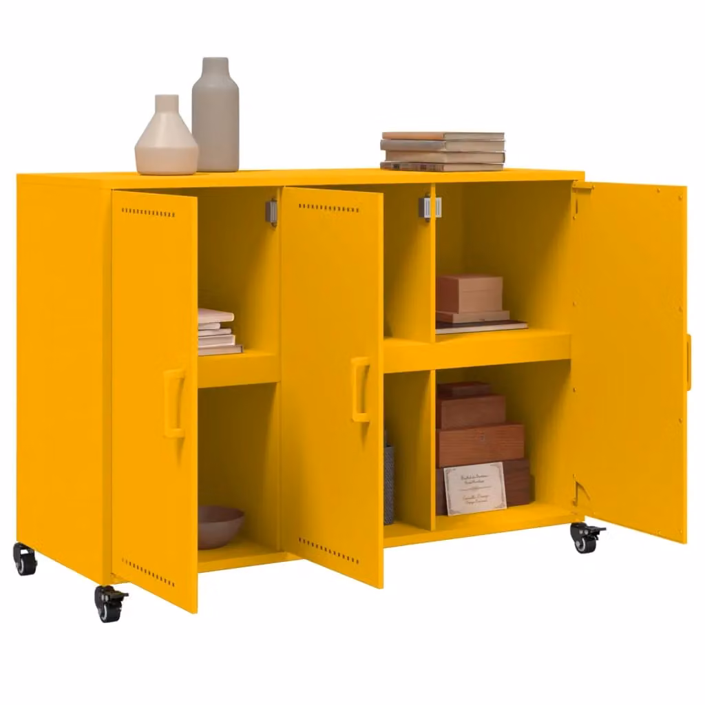Berkfield Home Mustard Yellow Metal Sideboard with Castors, W: 100.5 cm, D: 39 cm, H: 72 cm – 2