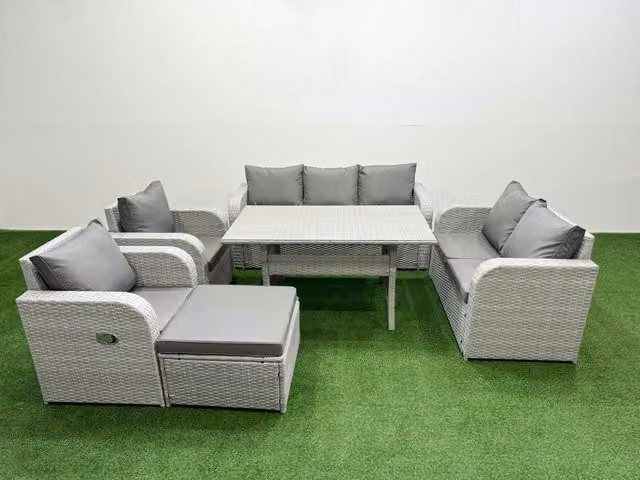 Fimous PE Rattan Garden Furniture Set in Light Grey with Reclining Chair, Double Love Seat, Rectangular Dining Table and Footstool
