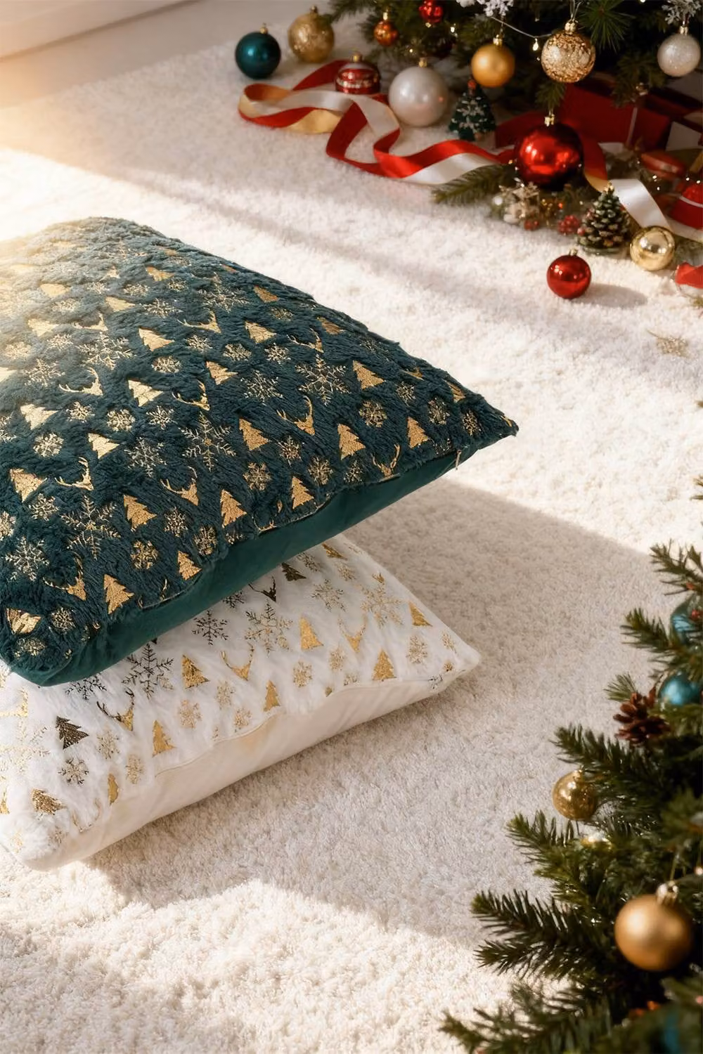 Living and Home Christmas Themed Plush Square Throw Pillows, Multicolour and Green, W/D/H: 45 x 45 x 45 cm – 4