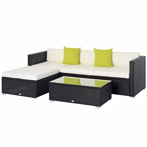 Outsunny 5 Piece L-Shape Rattan Garden Furniture Set with Cushions and Coffee Table, Black