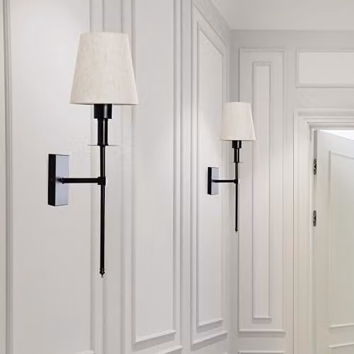 ValueLights Set of 2 Rechargeable LED Wall Lights with Fabric Shade and Remote Control, Dimmable Black and Gold/Brass Sconces – 2
